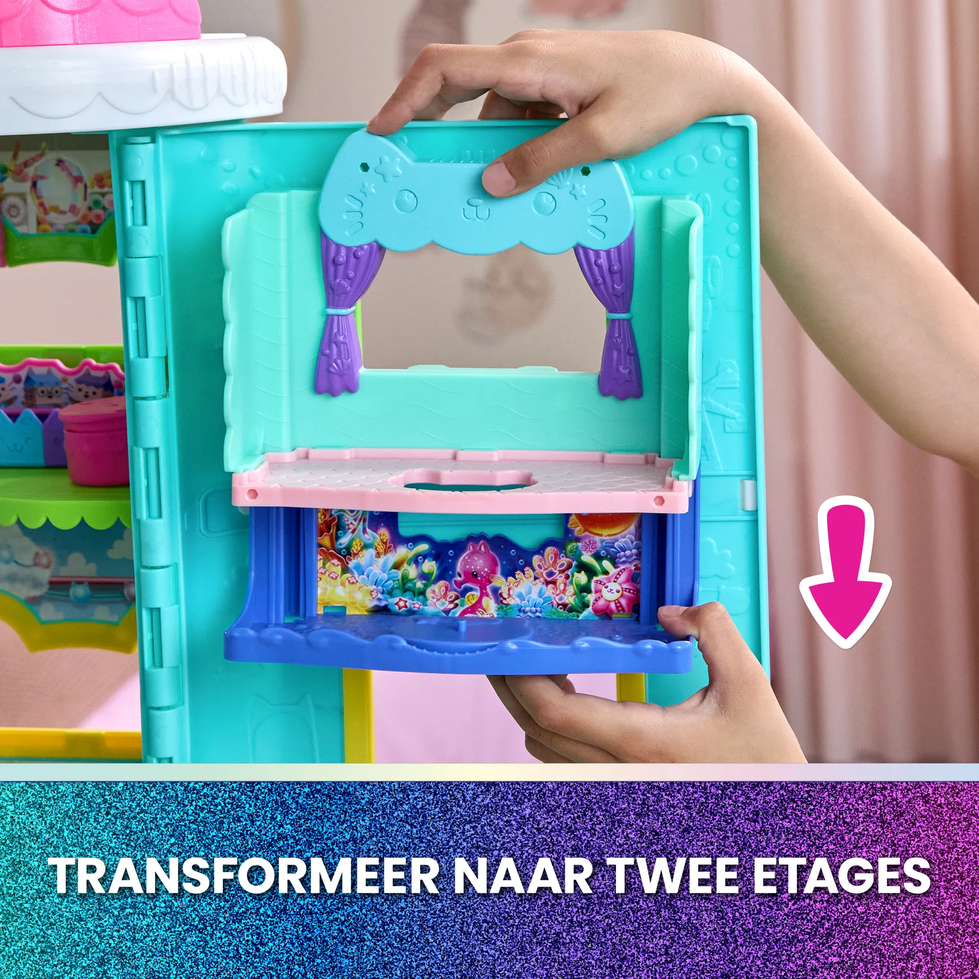 Gabby's Dollhouse DREAMWORKS : DER FILM - Portal Raum "Spa-tastisches Badezimmer von Meerkätzchen", 10-teiliges Spielset mit Katzenfigur & Zubehör – Bild 3