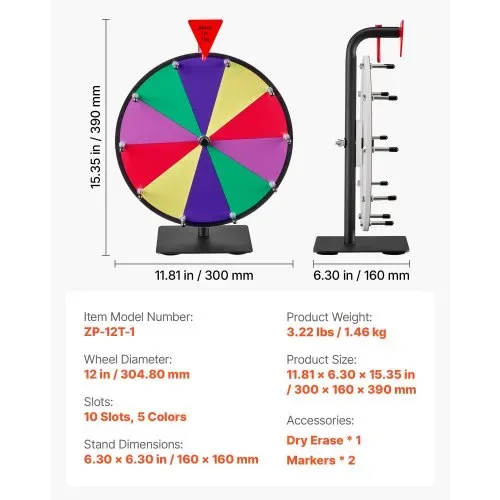 VEVOR Glücksrad Drehrad (305 mm) 10 Slots Glücksrad mit Ständer, Lotteriespiele Gewinn-Roulette mit Tafelschwamm & 2 Markern, 6 Farben, Spinning Prize Wheel ideal für Party Kneipe Messe – Bild 6