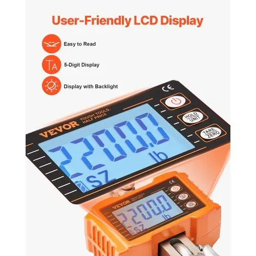 VEVOR Industrielle Hängewaage, 1000 kg, robuste digitale Kranwaage mit Fernbedienung, Lastenwaage, Gehäuse aus Aluminiumguss, hochpräzises LCD-Display für Bau, Fabrik, Bauernhof, Jagd, Orange – Bild 5