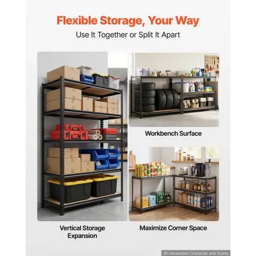 VEVOR Schwerlastregal Lagerregal mit 5 Ablagen 1228x459x1813mm 907,2kg, Stahlgestell, Teilbares & Verstellbares Design für DIY, Werkbank Funktion, Flexibles Steckregal für Keller Garage Werkstatt – Bild 3