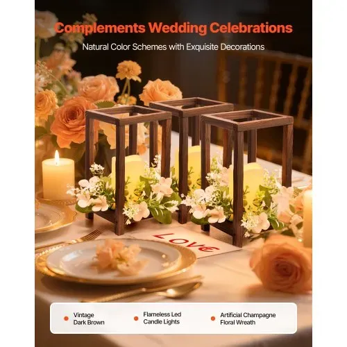 VEVOR 20er-Set Holzlaternen, inkl. 20x Laternen-Kerzenhaltern, 20x flammenlosen LED-Kerzen, 20x Champagner-Blumenkränzen für Hochzeitstisch, Party, Bauernhaus-Dekoration, Braun VEVOR 20er-Set Holzlaternen, inkl. 20x Laternen-Kerzenhaltern, 20x flammenlosen LED-Kerzen, 20x Champagner-Blumenkränzen für Hochzeitstisch, Party, Bauernhaus-Dekoration, Braun