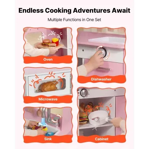 VEVOR Spielküche für Kinder, Kinderküche aus Holz mit Licht & Sound, Holzküche mit Herd Backofen Spüle Mikrowelle Dunstabzug & Geschirrspüler, Küchenspielzeug mit Kochset für Kinder ab 3 Jahren, Rosa – Bild 2