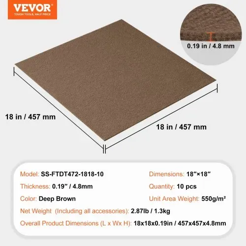 VEVOR Teppichfliesen zum Abziehen und Aufkleben, 457x457mm, selbstklebende Teppichbodenfliesen, weich gepolsterte Teppichfliesen, DIY-Installation für Schlafzimmer, Wohnzimmer (10 Stk., Dunkelbraun) – Bild 6