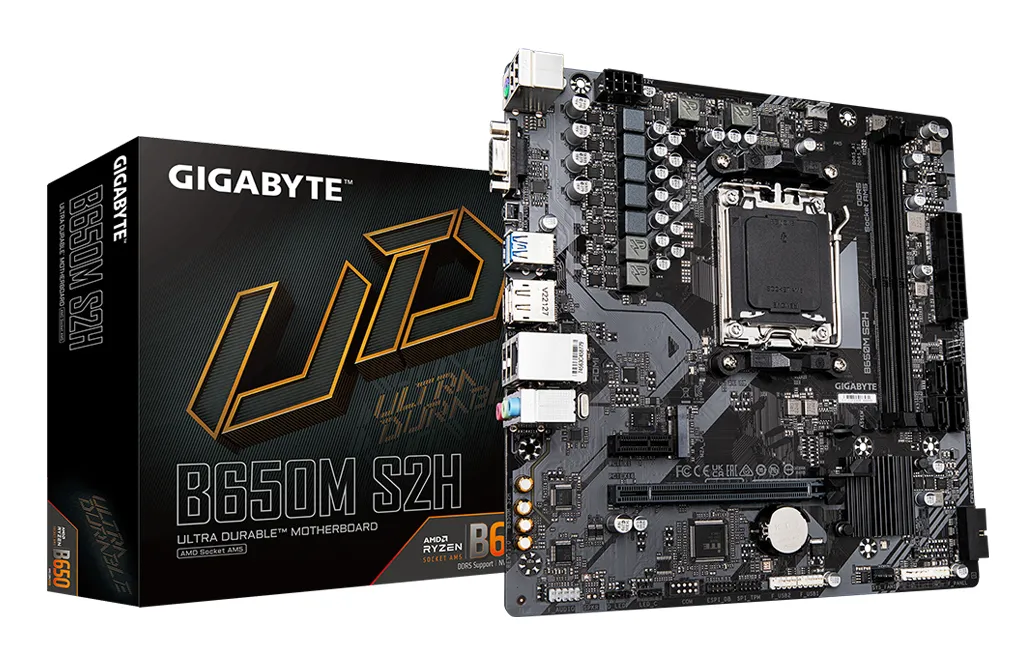 GIGABYTE B650M S2H Mainboard – AMD Ryzen 9000er-Serie, 5+2+2 Phasen VRM, bis zu 6400 MHz DDR5 (OC), 1xPCIe 4.0 M.2, GbE LAN, USB 3.2 Gen 1 GIGABYTE B650M S2H Mainboard – AMD Ryzen 9000er-Serie, 5+2+2 Phasen VRM, bis zu 6400 MHz DDR5 (OC), 1xPCIe 4.0 M.2, GbE LAN, USB 3.2 Gen 1