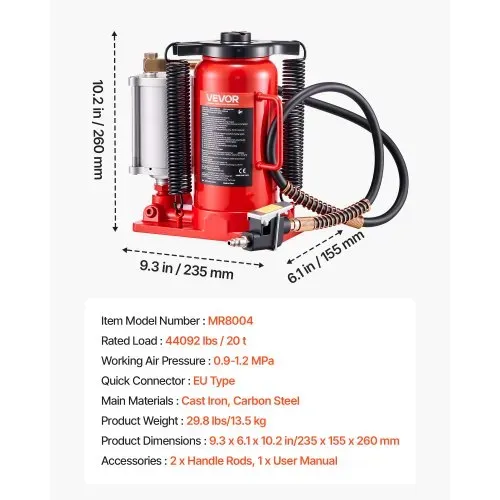 VEVOR lufthydraulischer Flaschenheber mit 20 t Kapazität, 260–495 mm Hubbereich, pneumatischer/manueller Flaschenwagenheber mit Pumpe für Auto Pickup Lkw Wohnmobil SUV Autoreparatur, rot – Bild 6