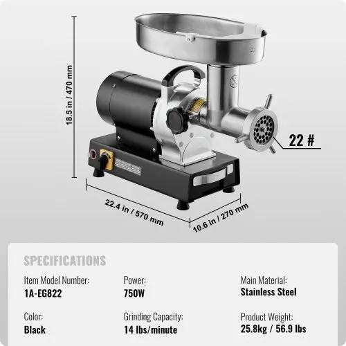 VEVOR kommerzieller elektrischer Fleischwolf Wurstmaschine 6,35 kg/Min. 750 W, industrieller Fleischwolf mit Klinge & Mahlplatte, multifunktionaler Fleischwolf aus Edelstahl für Küche & Restaurant – Bild 6