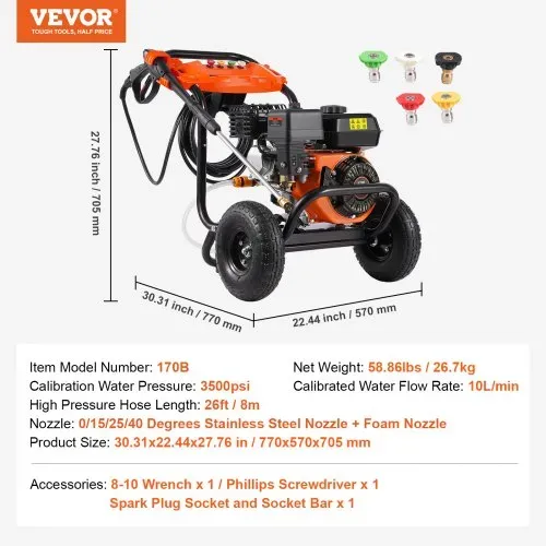 VEVOR Benzin-Hochdruckreiniger, 3500 PSI 10 L/min, 2,6 GPM Terrassenreinger mit Aluminiumpumpe, Hochdruckpistole & Verlängerungsstab, 5-Düsen-Set, für Autos, Zäune, Häuser, Einfahrten, Terrassen – Bild 6