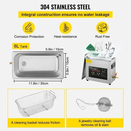 VEVOR 6L Verbesserter Ultraschallreiniger (200 W Heizung, 180 W Ultraschall) Professioneller digitaler Labor-Ultraschall-Teilereiniger mit Heizungstimer für die Reinigung von Schmuck, Brillen – Bild 4