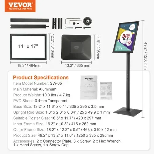 VEVOR Informationsständer mit Metallsockel 420 x 297 mm Infoständer Verstellbarer Blickwinkel per Drehknopf Posterständer, Robuster Bodenstehender Schilderhalter Aufsteller für Displays, Werbung – Bild 6