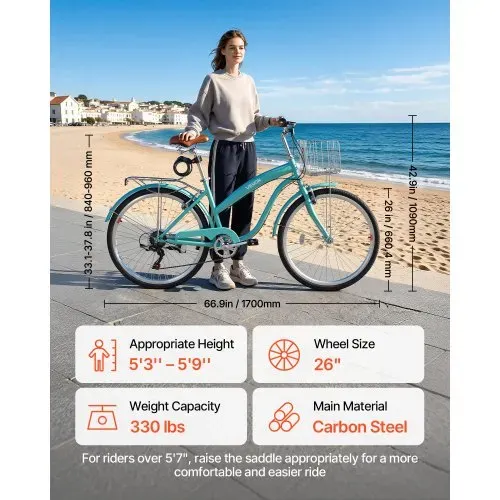 VEVOR Damenfahrrad 26 Zoll Cruiser-Fahrrad 150 kg 7-Gang Citybike Hellgrün, für Pendelfahrten Besorgungen und Strandfahrten, mit verstellbarem PU-Sattel, V-Bremsen, 50-kg-Gepäckträger und Werkzeugsatz – Bild 2