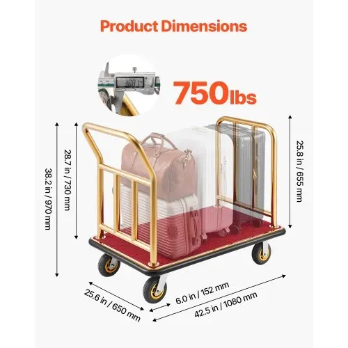 VEVOR Hotelgepäckwagen aus Edelstahl, 340,19 kg Belastbarer Kofferwagen mit 6 Zoll Gummirädern, Hotelwagen mit Rotem Teppichboden, Gewerblicher Plattformwagen für Hotels Ferienwohnungen Resorts, Gold – Bild 2