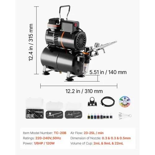 VEVOR Airbrush Set 1/6 PS mit Kompressor & Tank, Dual-Action 3 Airbrush-Pistolen mit 3 Düsen (0,3/0,3/0,5 mm) & Schlauch & Acrylfarbe & 2 Ventilatoren, für Kuchendekoration Modellmalerei Nagelkunst – Bild 6