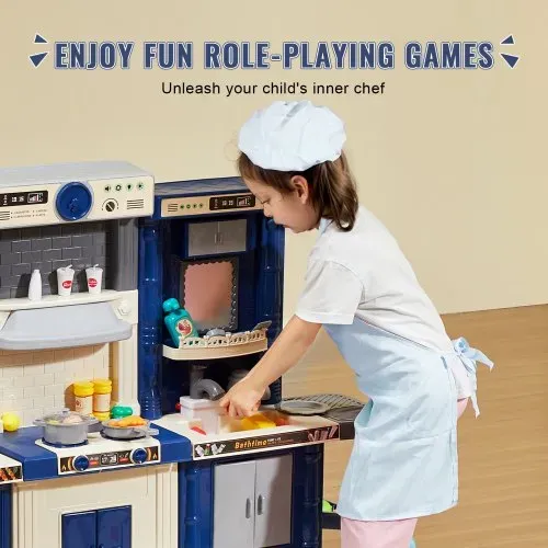 VEVOR Kinderküchen-Spielset, 3-in-1-Kleinkinderküche mit simuliertem Sprühnebel, Geräuschen und Lichtern, Spielküchenset mit 74-teiligem Kochzubehörset für Kleinkinder, Vorschulkinder, Kinder im Alter von 3–8 Jahren, Blau – Bild 5