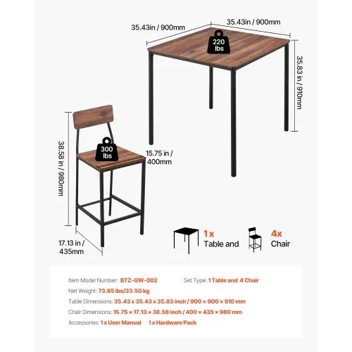 VEVOR Bartisch-Set (5-tlg.) mit 4 Barstühlen & abgerundeten Kanten, quadratischer Kneipentisch Stehtisch (90 x 90 x 91 cm), Bistrotisch Esstisch, geeignet für Büro Minibar Wohnzimmer Esszimmer – Bild 2