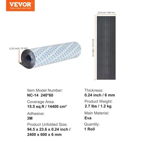 VEVOR Bootsbodenbelag, Bootsdeck aus EVA-Schaum, 2400 x 600 x 6 mm, rutschfester, selbstklebender Bodenbelag, 14400 cm² großer Marineteppich für Boote, Yachten, Pontons, Kajakdecks – Bild 6