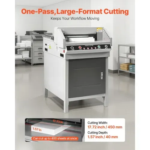 VEVOR elektrische Papierschneidemaschine Hochleistungs-Papierschneider, 45 cm Schnittbreite, 4 cm Schnittstärke, große elektrische Guillotine mit Infrarotfunktion & Ersatzklinge 500 W VEVOR elektrische Papierschneidemaschine Hochleistungs-Papierschneider, 45 cm Schnittbreite, 4 cm Schnittstärke, große elektrische Guillotine mit Infrarotfunktion & Ersatzklinge 500 W