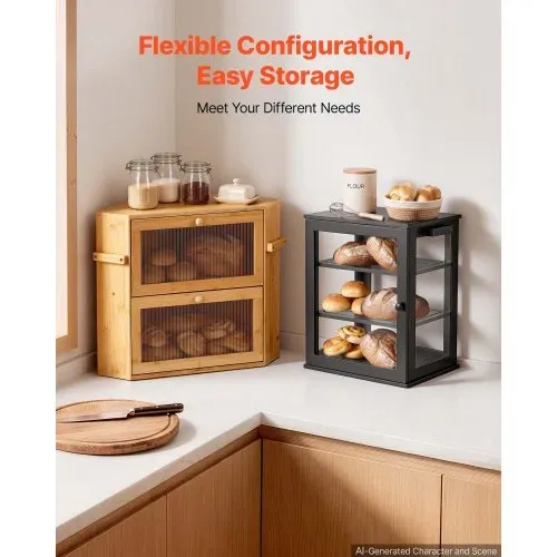 VEVOR Brotkasten mit 3 Ebenen 330 x 251 x 410 mm Brotbox Bambusholz Schwarz Ideal für Bagels & Muffins, mit Magnetverschluss, Seitenhaken, Rutschfestem Boden & 3-Stufig Höhenverstellbarem Einlegeboden – Bild 5