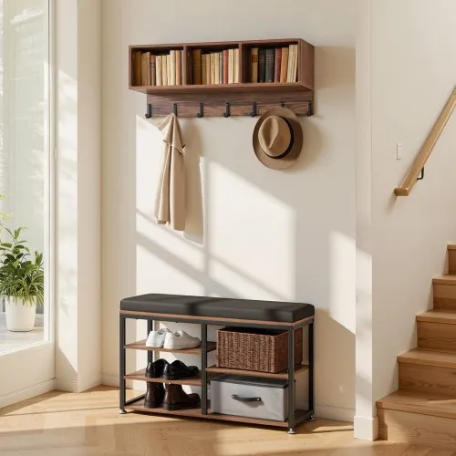 VEVOR Garderobenständer mit Sitzbank, Kombination aus Schuh- und Garderobenständer mit Haken und Ablage, Wandgarderobe, Schuhregal mit Stauraum (5 Fächer), für Eingangsbereich, Schlafzimmer, Büro VEVOR Garderobenständer mit Sitzbank, Kombination aus Schuh- und Garderobenständer mit Haken und Ablage, Wandgarderobe, Schuhregal mit Stauraum (5 Fächer), für Eingangsbereich, Schlafzimmer, Büro