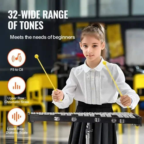 VEVOR Glockenspiel-Xylophon-Set mit 32 Noten, professionelles Schlaginstrumenten-Set mit Schlägeln, Trommelstöcken, Notenständer, 20,3 cm Übungspad, verstellbarem Ständer und Tragetasche – Bild 2