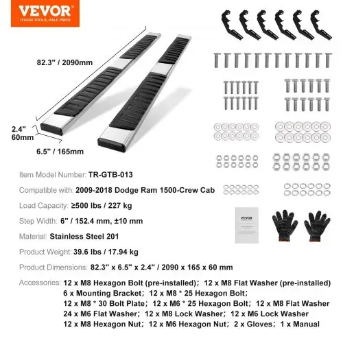 VEVOR Trittbretter Kompatibel mit 2009-2018 Dodge Ram 1500/2010-2023 Ram 2500/3500 (einschließlich 2019-2023 Classic) Crew Cab, 201 Edelstahl-Seitentrittbretter 227 kg, 152,4 mm, 2 Stück – Bild 6