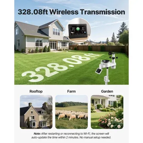VEVOR 7-in-1 WLAN-Wetterstation, 7-Zoll-TFT-Display, solarbetriebener Außensensor, Wettercenter zur Wettervorhersage, Windgeschwindigkeit, Windrichtung, Temperatur, Luftfeuchtigkeit, Niederschlag – Bild 4