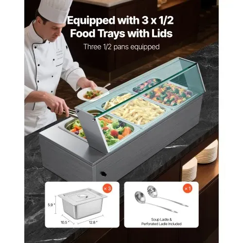 VEVOR kommerzieller Speisenwärmer (3 x 1/2 Größe Behälter), 1,5 kW elektrischer Wärmebehälter aus Edelstahl mit Glasabdeckung & Suppenkelle, Chafing Dishes für Catering Restaurant Party – Bild 2