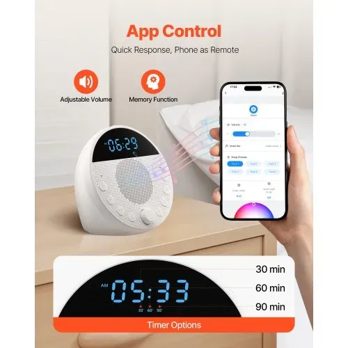 VEVOR Einschlafhilfe, White Noise Machine, 18 Musktitel, 7-farbiges Nachtlicht, 6-in-1-Soundmaschine mit weißem Rauschen & zwei Alarmen, APP, automatischer Abschalttimer & Speicherfunktion – Bild 4