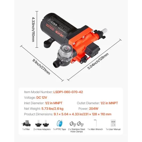 VEVOR Membranpumpe, 12 V DC, 22,7 L/min, selbstansaugende 4-Kammer-Membranwasserpumpe mit automatischem Druckschalter, 4,8 bar Druck, für Wohnmobil, Wohnwagen, Schiff, Yacht, Autowäsche – Bild 6