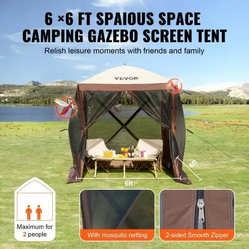 VEVOR Pop-Up-Pavillonzelt, Pop-Up-Zelt mit 4-seitigem Baldachin, Sonnenschutz mit 4 abnehmbaren Sichtschutz-Windtüchern und Netzfenstern, 6 x 6 Fuß, Schnellaufbau-Zelt mit Moskitonetz, braun – Bild 5