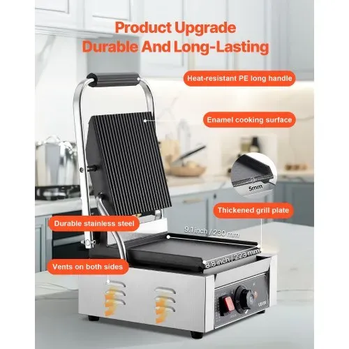 VEVOR Kommerzieller Kontaktgrill 1800 W Elektrogrill Sandwichmaker Panini Presse aus Edelstahl mit Griff & Temperaturregelung, 22 x 23 cm flache Emailleplatte (Einzel), für Hamburger Steak Speck – Bild 2