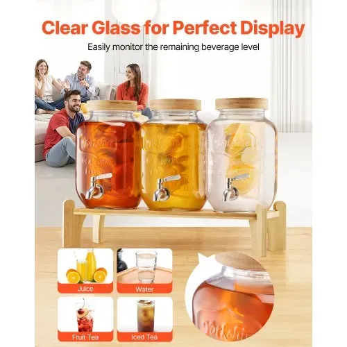VEVOR Getränkespender (3 x 3,8 L) für Partys Saftspender (aus Glas) mit tropfsicherem Zapfhahn & Holzständer Wasserspender für Restaurants Partys, Limonade Eistee selbstgemachte Getränke Spender – Bild 3