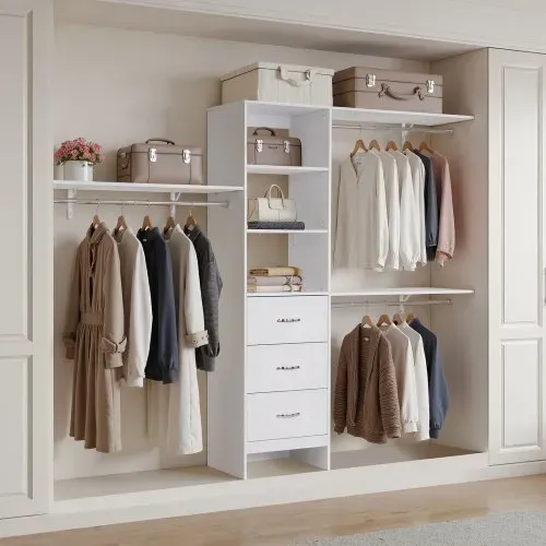 VEVOR Garderobenständer mit 3 Schubladen, verstellbarer Kleiderständer aus Holz, Kleiderschrankorganisation mit 3 ausziehbaren Kleiderstangen (575-1020 mm) Schranksystem für begehbare Garderoben – Bild 7