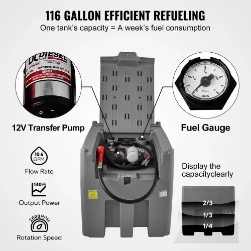 VEVOR Tragbarer Dieseltank 439,11 L Mobile Tankanlage Grau Dieseltankstelle 140 W Tankstation Dieseltank 2600 U/min Transporttank 12 V DC – Bild 2