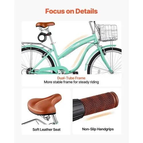 VEVOR Damenfahrrad 26 Zoll Cruiser-Fahrrad 150 kg 7-Gang Citybike Hellgrün, für Pendelfahrten Besorgungen und Strandfahrten, mit verstellbarem PU-Sattel, V-Bremsen, 50-kg-Gepäckträger und Werkzeugsatz – Bild 5