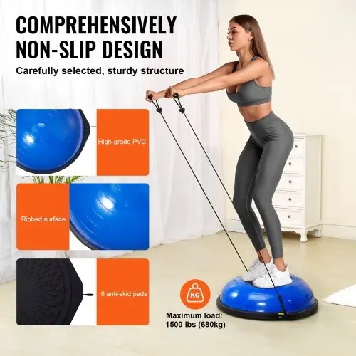 VEVOR Halb-Gymnastikball-Trainer, 66 cm Balance-Ball-Trainer, 680 kg Tragkraft Stabilitätsball, Yoga-Ball mit Widerstandsbändern und Fußpumpe, Kraft-Fitnessball im Heim-Fitnessstudio, Blau – Bild 3