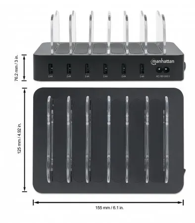 Manhattan 6-Port USB-Ladestation, Sechs USB-A-Ports, bis zu 2,4 A/5 V pro Port, 50 W Ausgangsleistung gesamt, schwarz – Bild 6