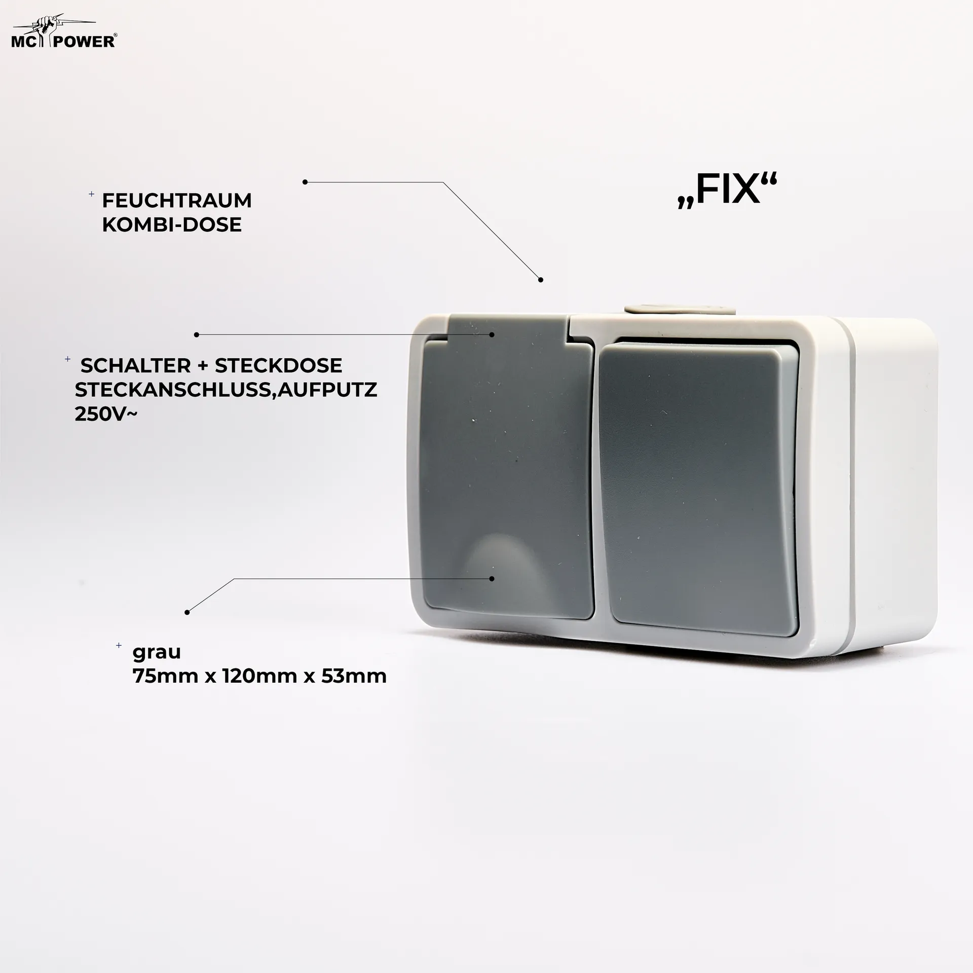 Feuchtraum Kombi-Dose McPower ''Fix'',Schalter+Steckdose,Steckanschluss, 250V~, AP – Bild 4