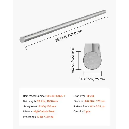 VEVOR Linearwellen, 25x1000 mm, Präszisionswelle aus SFC25-Kohlenstoffstahl, rostfrei & hochpräzise, Welle mit hoher Härte, Runde Stange für Schneid-, Schleif-, Fräs- & Bohrmaschinen, 2er-Pack – Bild 6