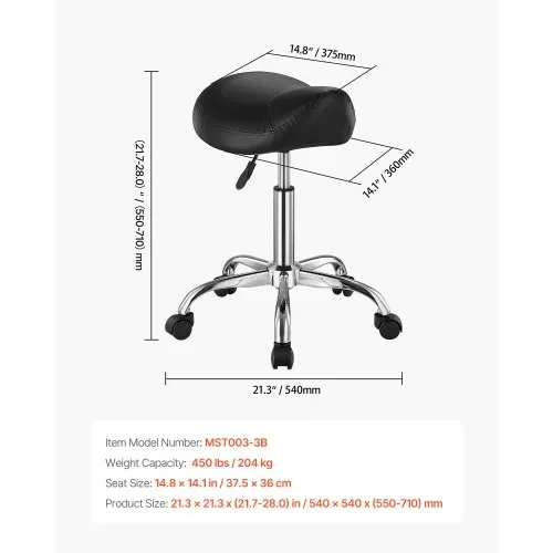 VEVOR Sattelhocker Rollhocker 204 kg belastbarer höhenverstellbarer (55-71 cm) Drehhocker Arbeitshocker, ergonomischer verdickter PU-Leder-Drehsattelstuhl für Salon Spa Massage Klinik, Schwarz – Bild 6