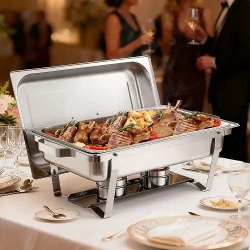 VEVOR rechteckiger Chafing Dish Set 8,5 L Speisenwärmer (2 Stk.) Buffet Warmhaltebehälter mit Griff & 1 Lebensmittelzange & Deckel & Brennstoffhalter, geeignet für Bankett Party Hochzeit Silber – Bild 7