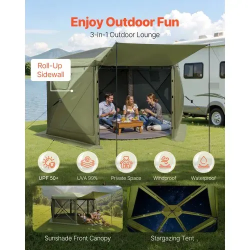 VEVOR Pop-up-Pavillon, 3,6x3,6 m, großes 6-seitiges Campingzelt mit abnehmbarem Dach & Tragetasche, Partyzelt, Sonnenschutz für 8-10 Personen, für Garten & Terrasse, Grün – Bild 2