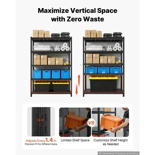 VEVOR Schwerlastregal Lagerregal mit 5 Ablagen 1230x623x1813mm 1360,8kg, Stahlgestell, Teilbares & Verstellbares Design für DIY, Werkbank Funktion, Flexibles Steckregal für Heim Garage Werkstatt – Bild 2