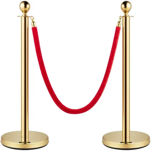 VEVOR Edelstahl Absperrpfosten Seil Abgrenzungsständer Kugelkopf 3 Rote Samtseile Goldene Säule 4 Packung Crowd Control Barriers Gold – Bild 9