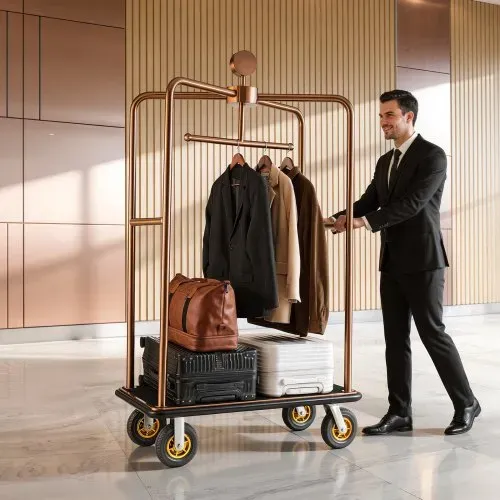 VEVOR Hotelgepäckwagen aus Edelstahl, 544,31 kg Belastbarer Kofferwagen mit 8 Zoll Gummirädern, Hotelwagen mit Schwarzem Teppichboden & Garderobenstange, Gepäckwagen für Hotels Resorts, Roségold – Bild 7