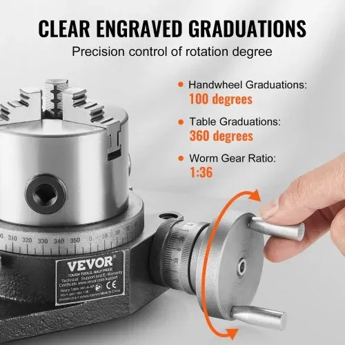 VEVOR Drehtisch für Fräsmaschinen, 100mm, horizontales vertikales Modell, Präzisionsfräsdrehtisch, mit 80mm 3-Backenfutter, M10-T-Bolzenmuttern, für Frästechnik-Indizierungswerkzeuge – Bild 3