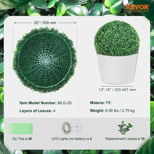 VEVOR 2x Buchsbaumkugel Künstlich Ø50,8cm Garten Deko Buchsbaum Kugel künstlich Buchskugel Kunstpflanze aus PE, Holz, PP inkl. 2 Stk. Dekorative LED-Leuchten und 10 Stk. Ersatzblätter – Bild 6
