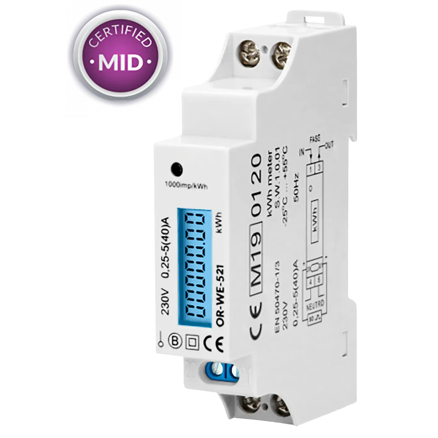 1-phasiger Stromzähler, 40A, MID, Impulsausgang, 1 Modul, DIN TH-35mm 1-phasiger Stromzähler, 40A, MID, Impulsausgang, 1 Modul, DIN TH-35mm