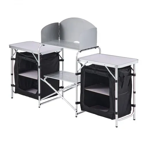 VEVOR Klappbare Campingküche, Campingschrank mit 2 MDF-Beistelltischen, Abnehmbarem Windschutz für den Kocher, 2 Stauräumen & X-förmigen Beinen, Camping-Küchenstation für Picknick, Grillen & Reisen – Bild 10