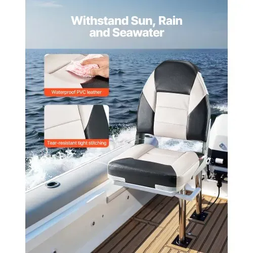 VEVOR 2 Stk. Bootssitz Bootsstuhl mit hoher Rückenlehne klappbarer Fischerbootsitz mit dickem Schwammkissen & wasserdichtem PVC-Leder, Scharniere aus Aluminiumlegierung, Schwarz & Grau – Bild 2