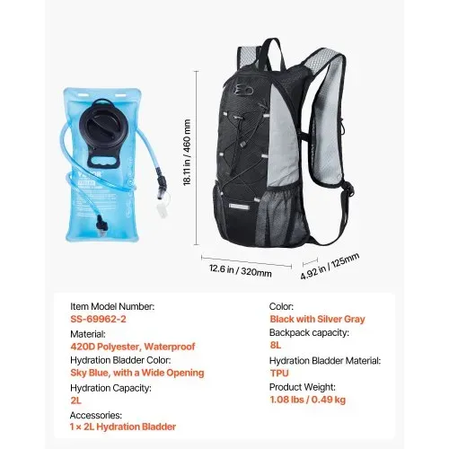 VEVOR Trinkrucksack 8 L isolierter Rucksack mit 2 L TPU-Wasserblase Laufrucksack Wanderrucksäcke für Radfahren Laufen Ausflug Schwarz, Hydro-Wasser-Tagesrucksack für Männer und Frauen – Bild 6
